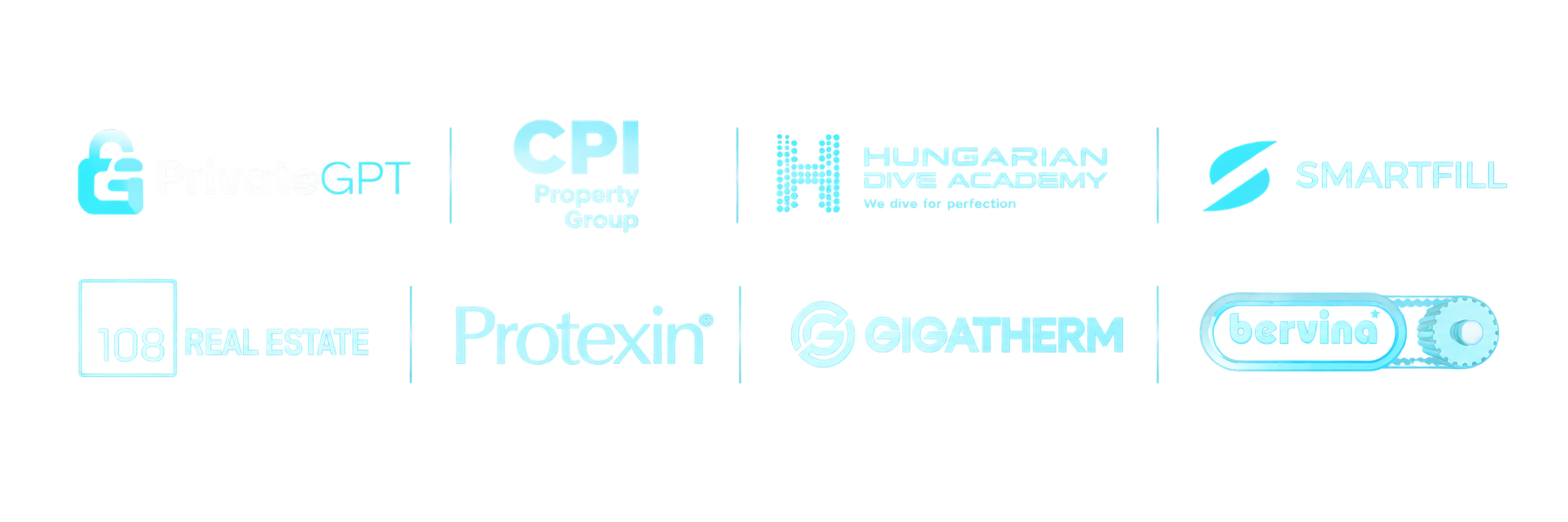 Referenciáink: PrivateGPT, CPI Property Group, Hungarian Dive Academy, Smartfill, 108 Real Estate, Protexin, Gigatherm, Bervina